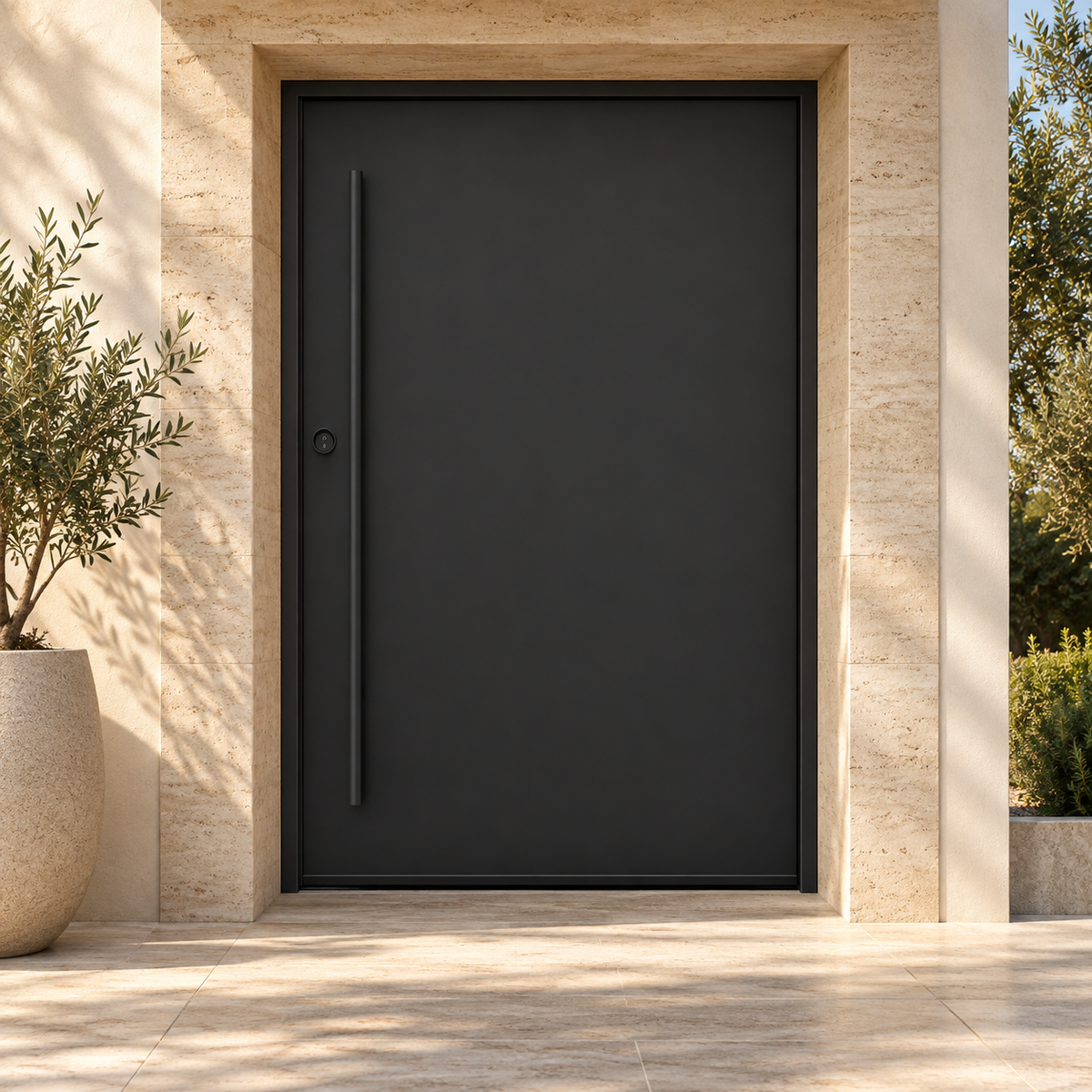 Rockford Pivot Steel Door at a cream stucco villa entrance — product visualization