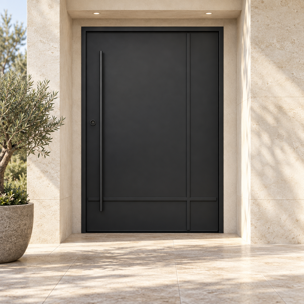 Monterrey Pivot Steel Door at a limestone luxury home entrance — product visualization