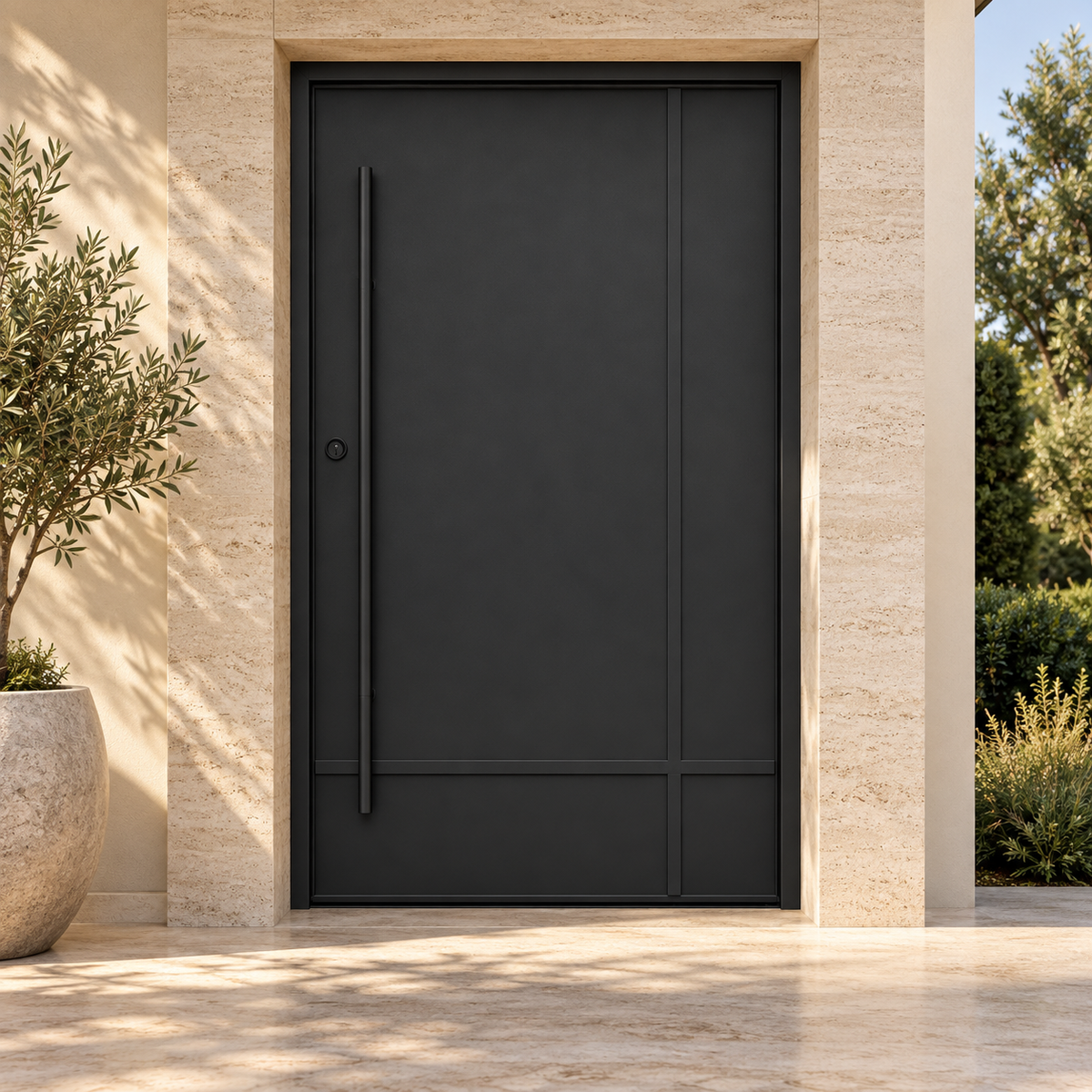 Monterrey Pivot Steel Door at a cream stucco villa entrance — product visualization