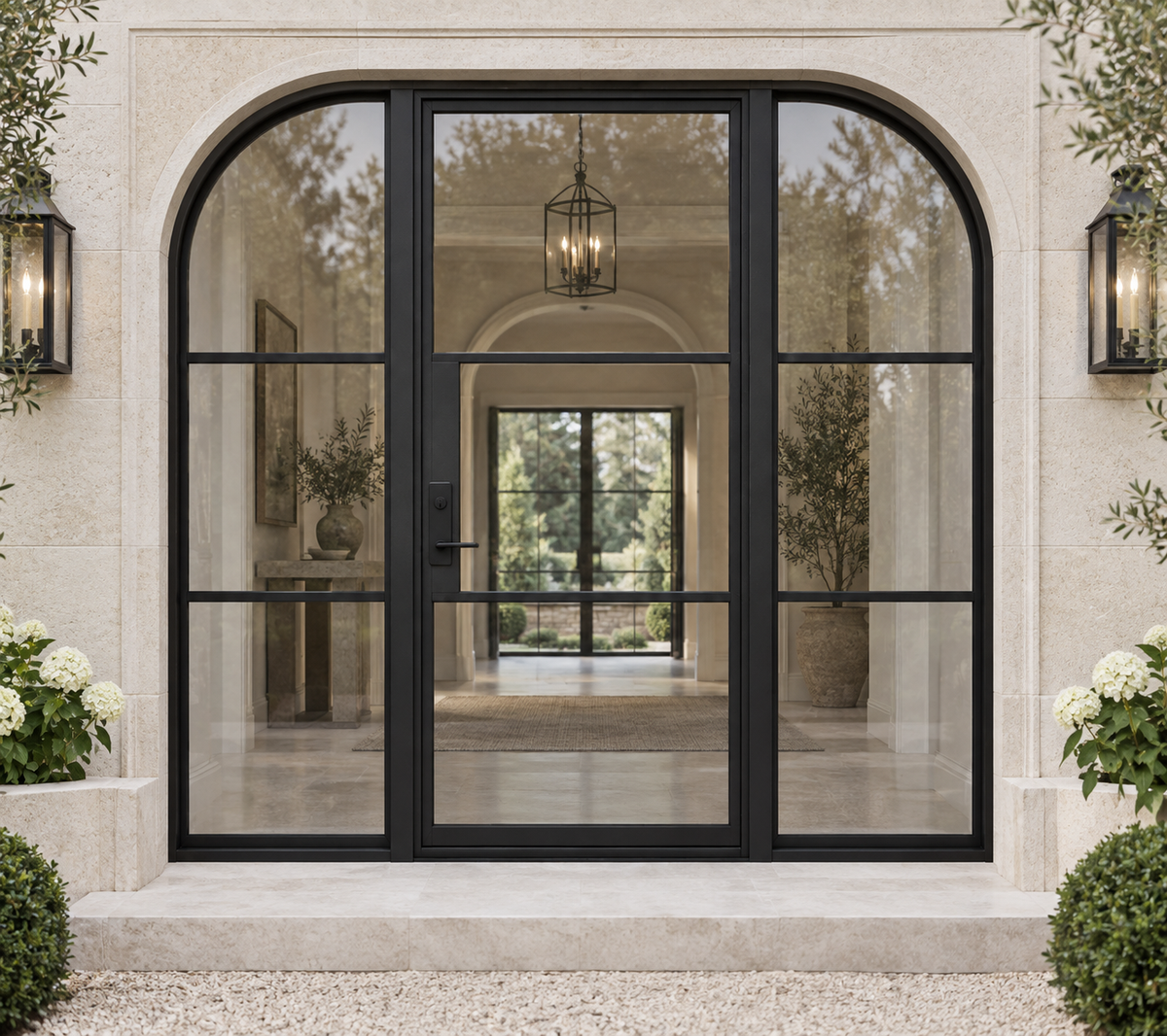 Radius 3 Lite Single Steel Door with Curved Sidelights — villa product visualization