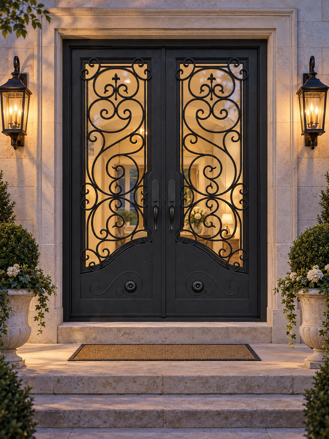 Regal Scroll Double Steel Door — evening design visualization