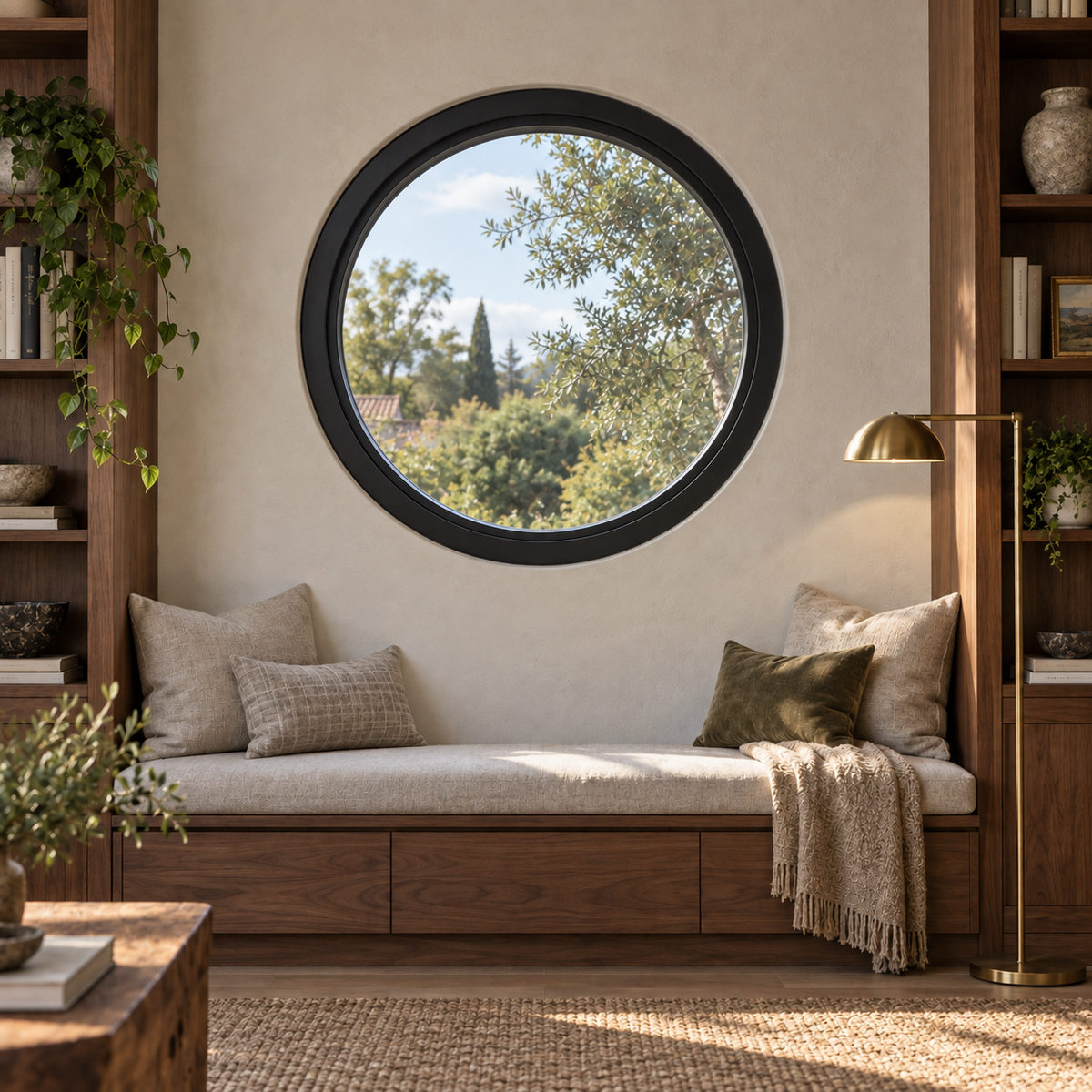 Round fixed steel window, library setting — architectural visualization