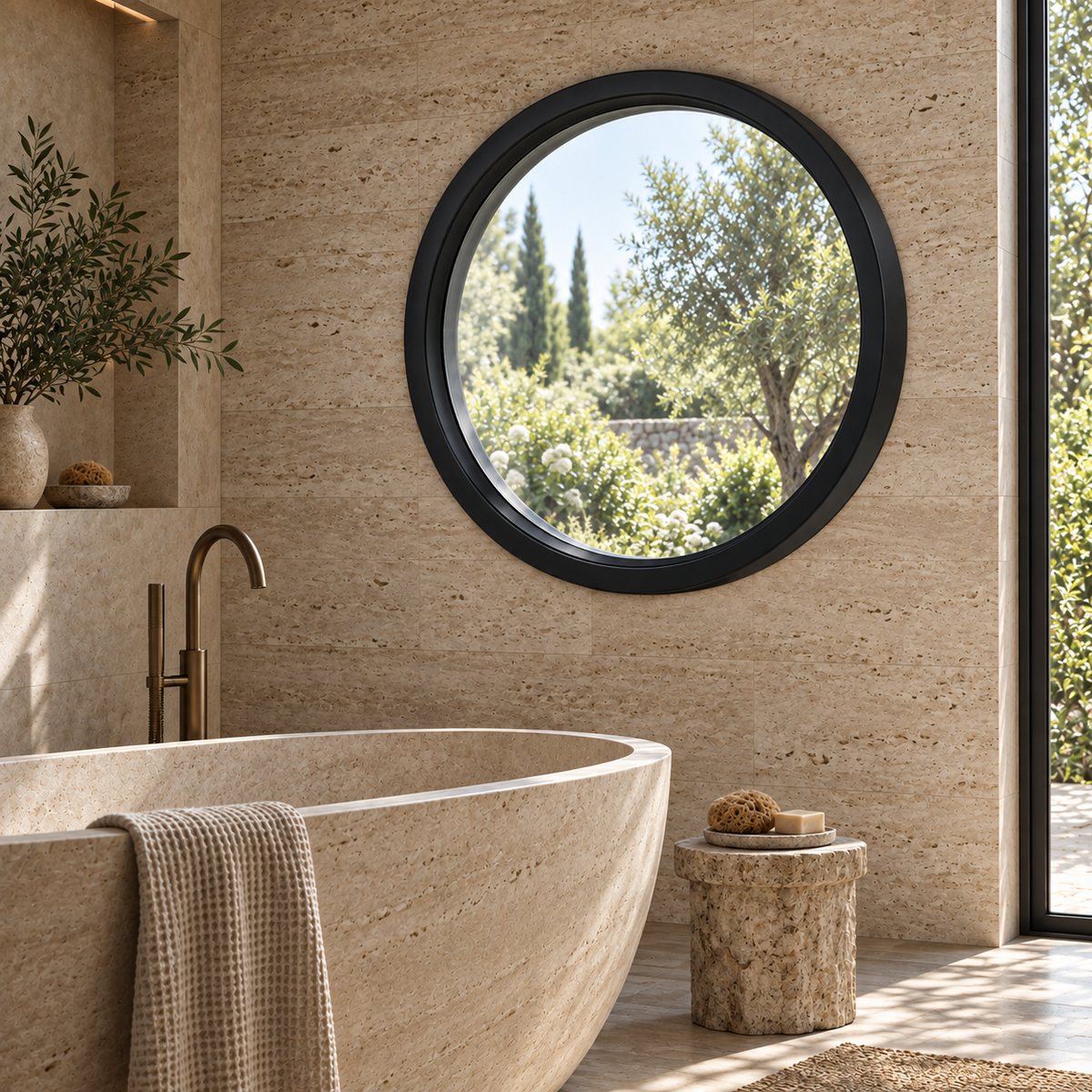Round fixed steel window, spa setting — architectural visualization