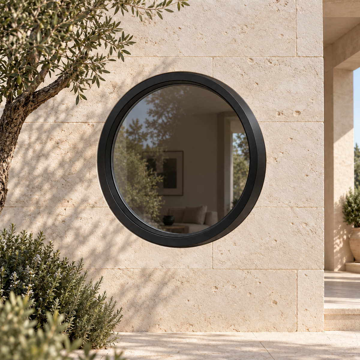 Round fixed steel window, villa setting — architectural visualization