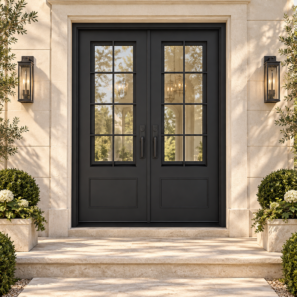 Hudson Double thermally broken black steel door in a luxury limestone exterior — lifestyle visualization