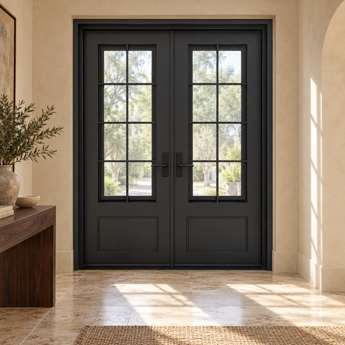 Hudson Double thermally broken black steel door in a luxury interior foyer — lifestyle visualization