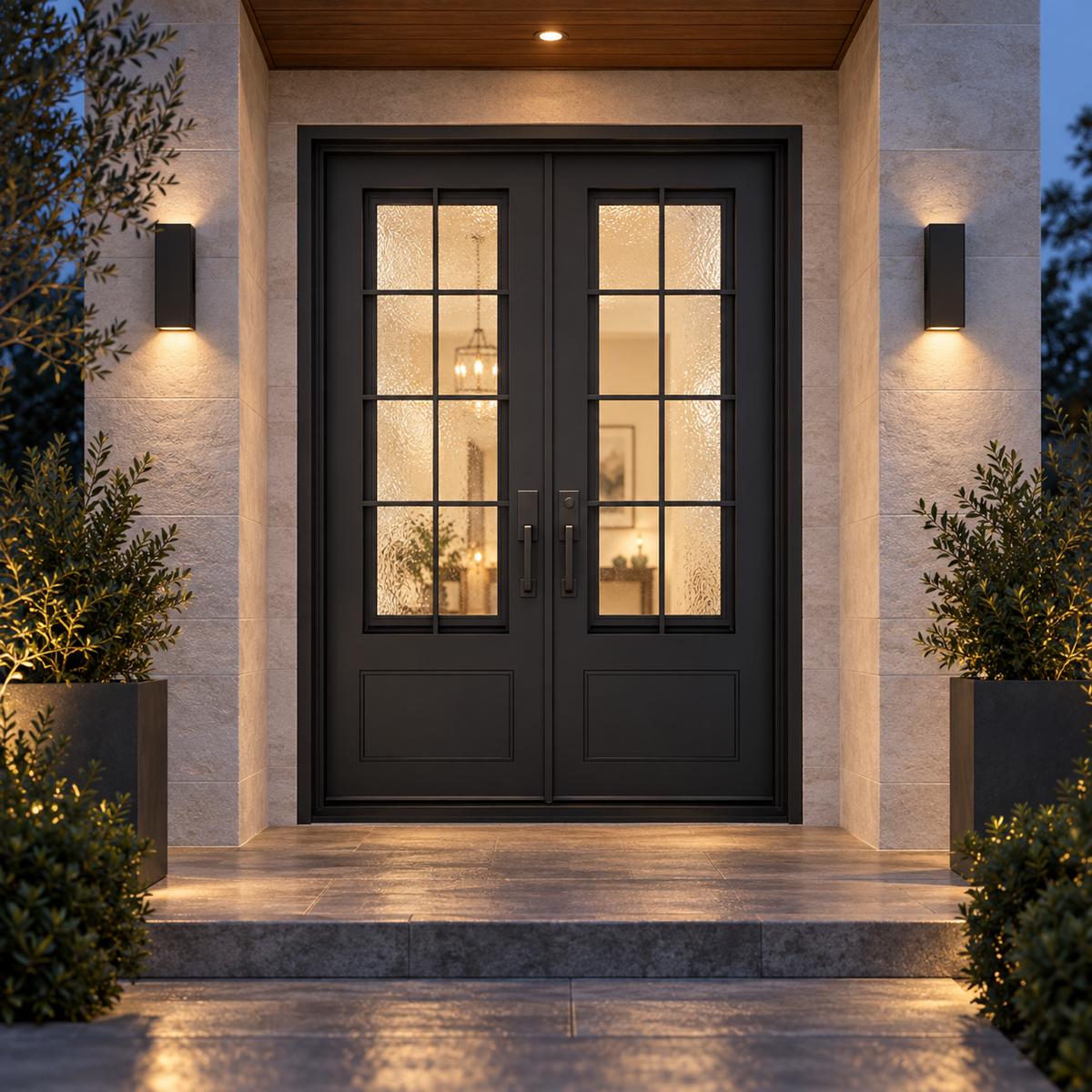 Hudson Double thermally broken black steel door in a luxury evening entryway — lifestyle visualization