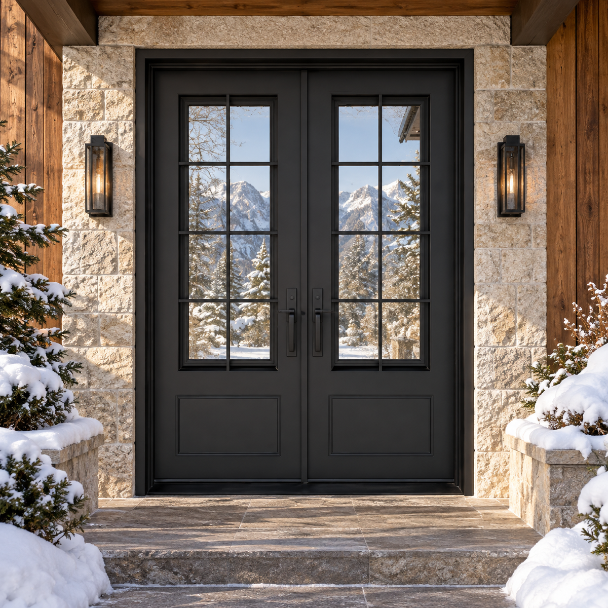 Hudson Double thermally broken black steel door in a luxury winter mountain home — lifestyle visualization