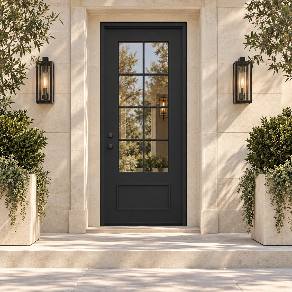 Hudson Single thermally broken black steel door in a luxury limestone exterior — lifestyle visualization