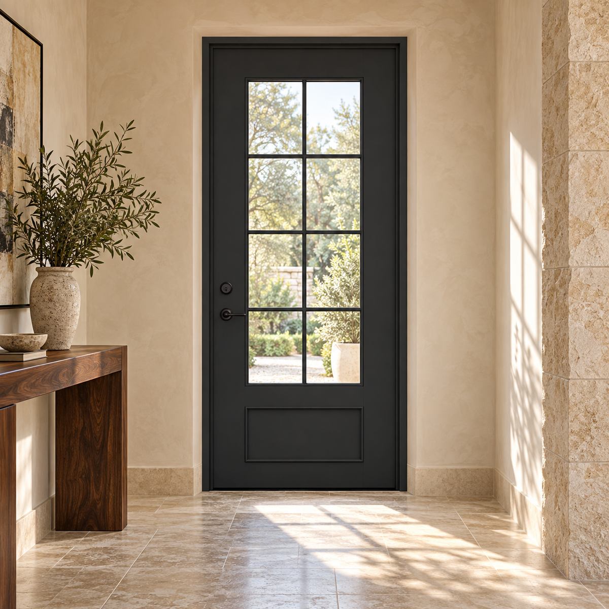 Hudson Single thermally broken black steel door in a luxury interior foyer — lifestyle visualization