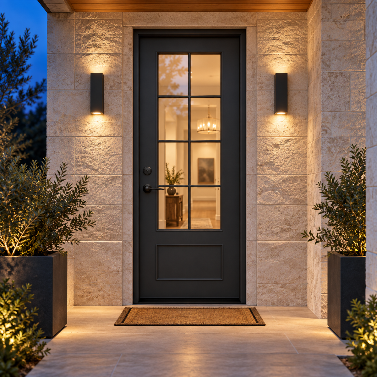Hudson Single thermally broken black steel door in a luxury evening entryway — lifestyle visualization