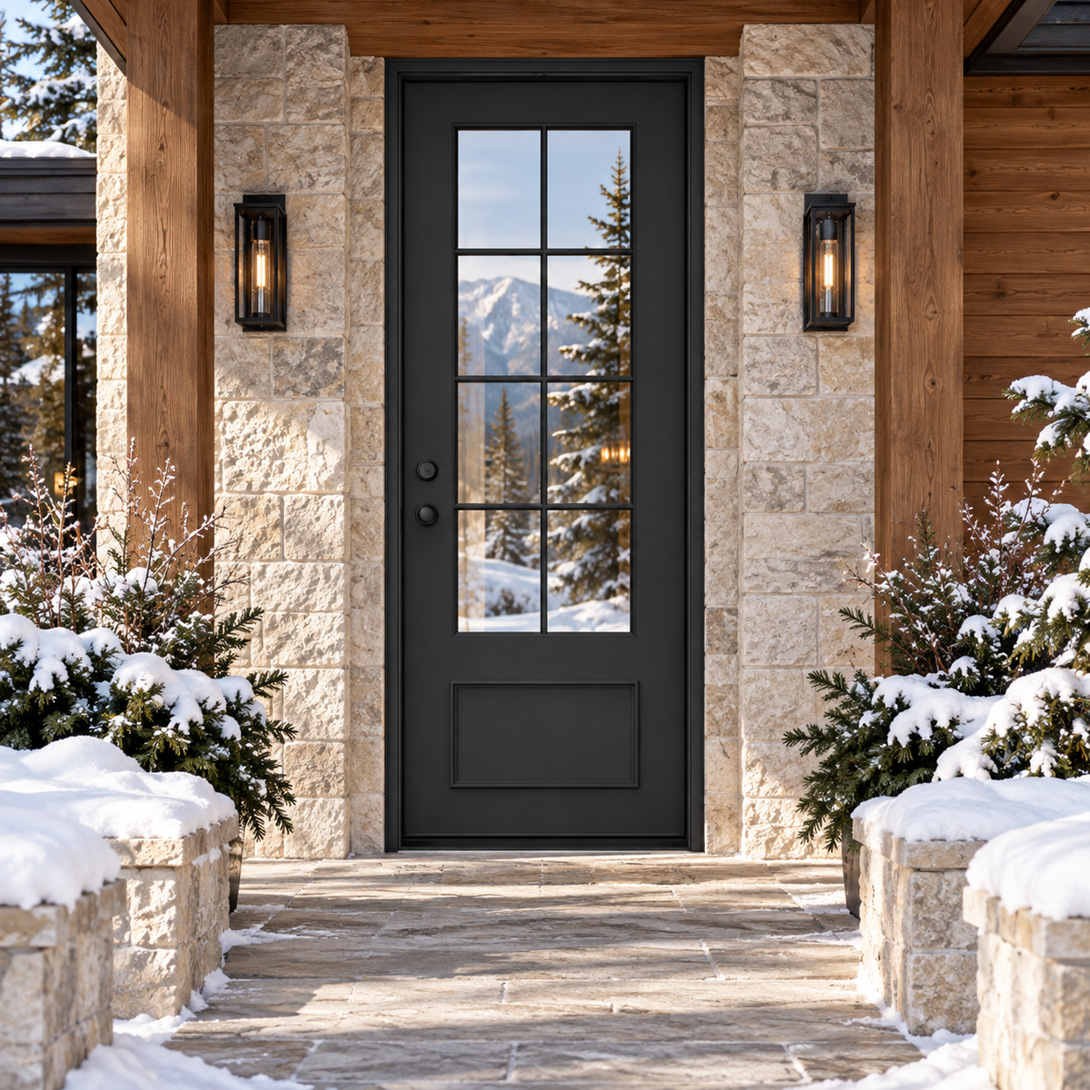 Hudson Single thermally broken black steel door in a luxury winter mountain home — lifestyle visualization