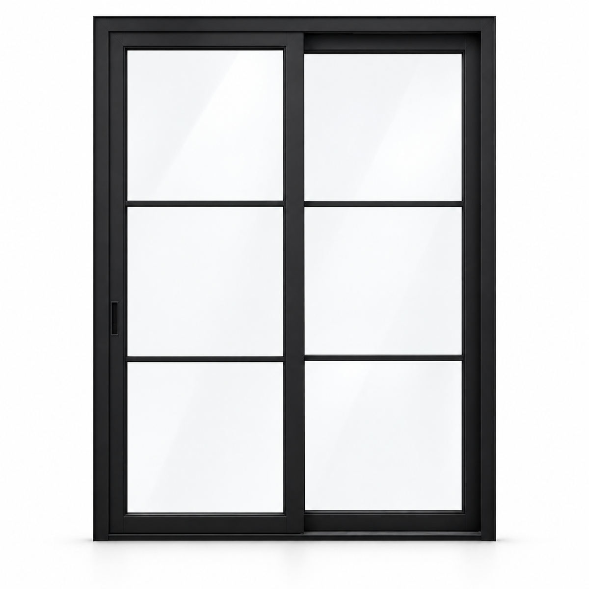 Black two-panel steel sliding door with three stacked glass lites per panel on white background — product visualization