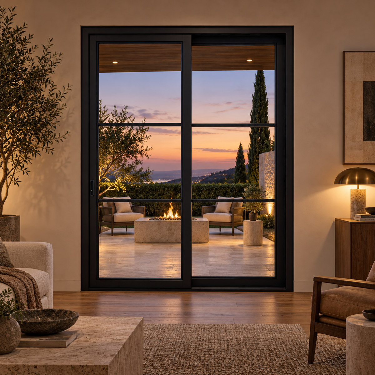 Black two-panel steel sliding door with three stacked glass lites per panel opening onto a softly lit terrace at dusk — lifestyle visualization