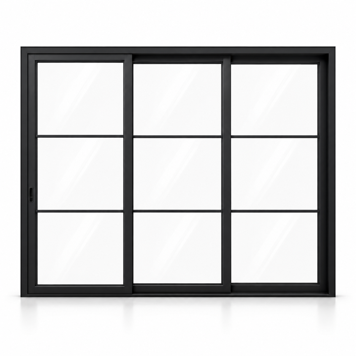 3-lite 3-panel black steel sliding door on white background — product visualization
