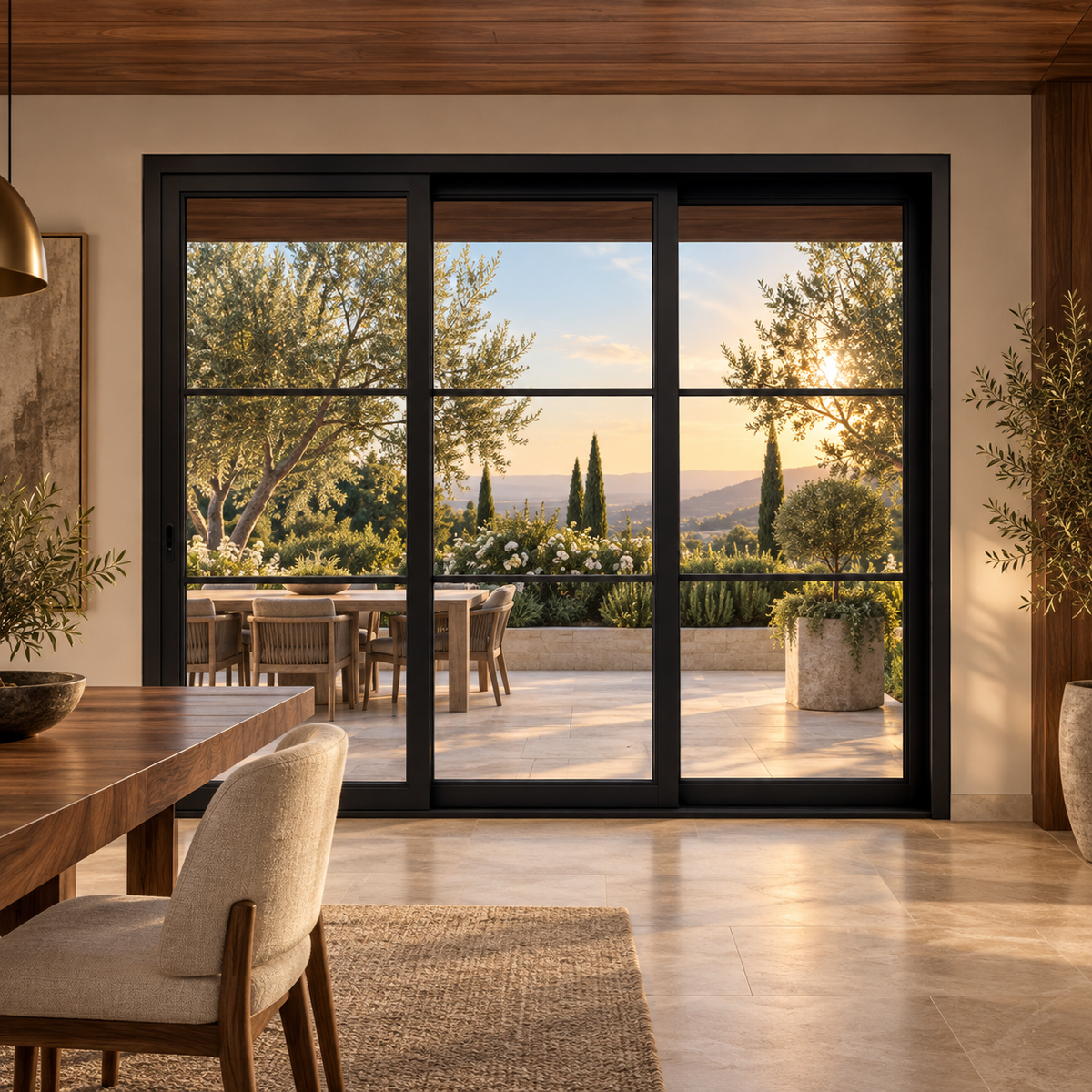 3-lite 3-panel black steel sliding door in a walnut dining room overlooking a terrace — lifestyle visualization