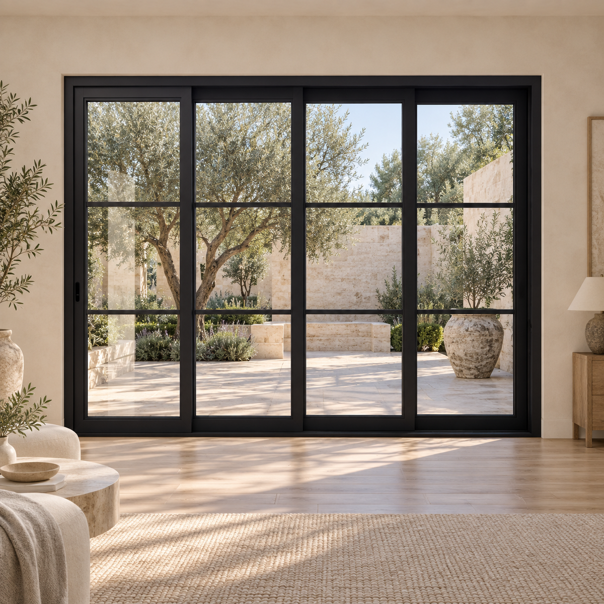 3-lite 4-panel black steel sliding door in an ivory sitting room overlooking an olive courtyard — lifestyle visualization