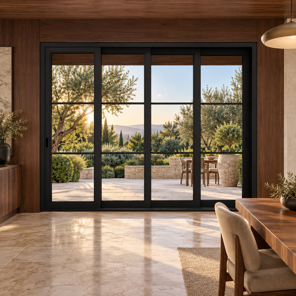 3-lite 4-panel black steel sliding door in a walnut dining room overlooking a terrace — lifestyle visualization