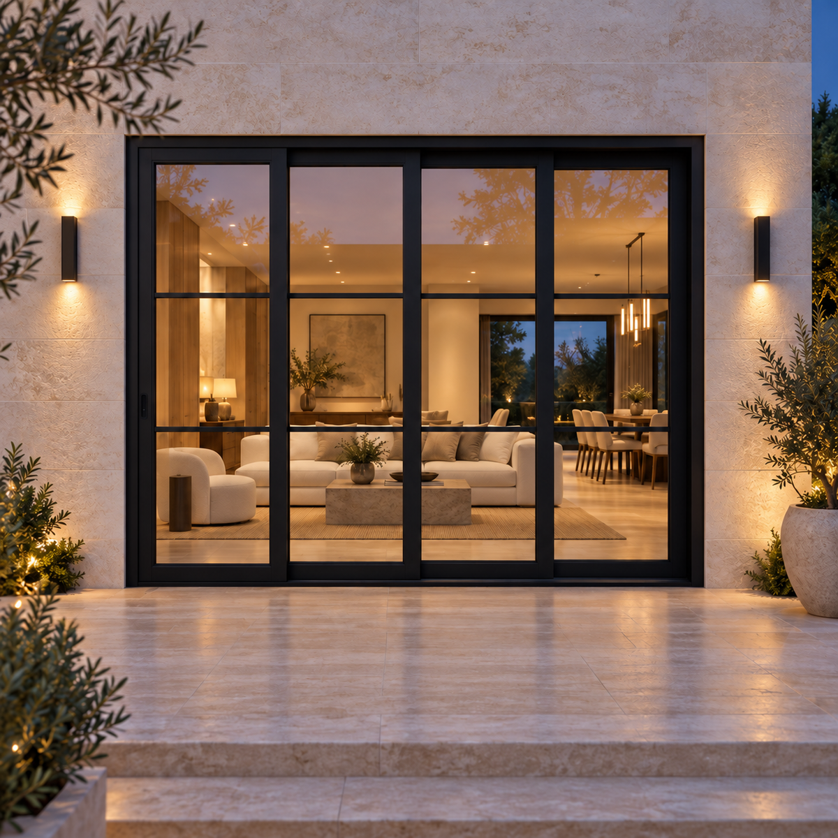 3-lite 4-panel black steel sliding door on a limestone terrace at blue hour — lifestyle visualization