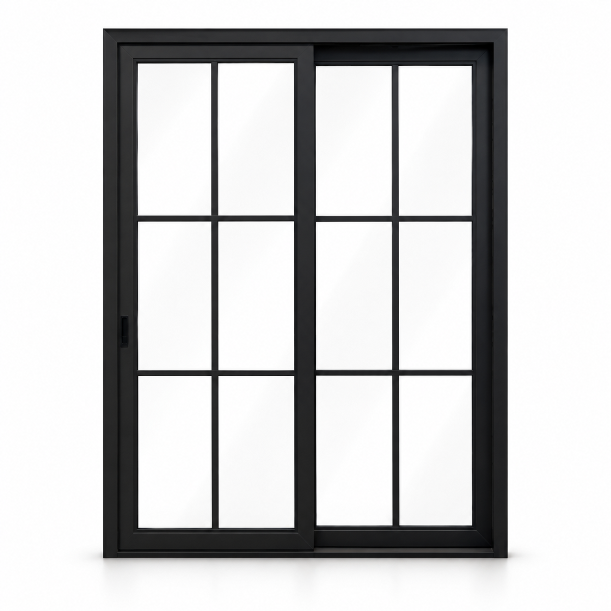 6-lite 2-panel black steel sliding door on white background — product visualization
