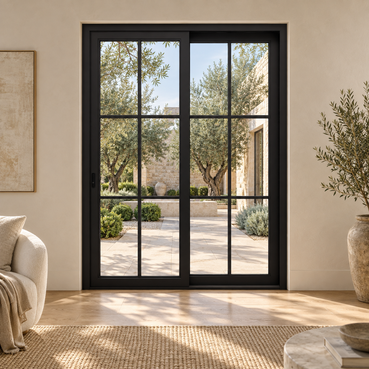 6-lite 2-panel black steel sliding door in an ivory sitting room overlooking an olive courtyard — lifestyle visualization