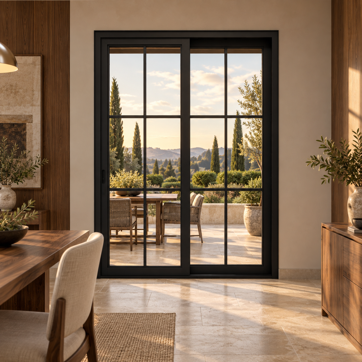 6-lite 2-panel black steel sliding door in a walnut dining room overlooking a terrace — lifestyle visualization
