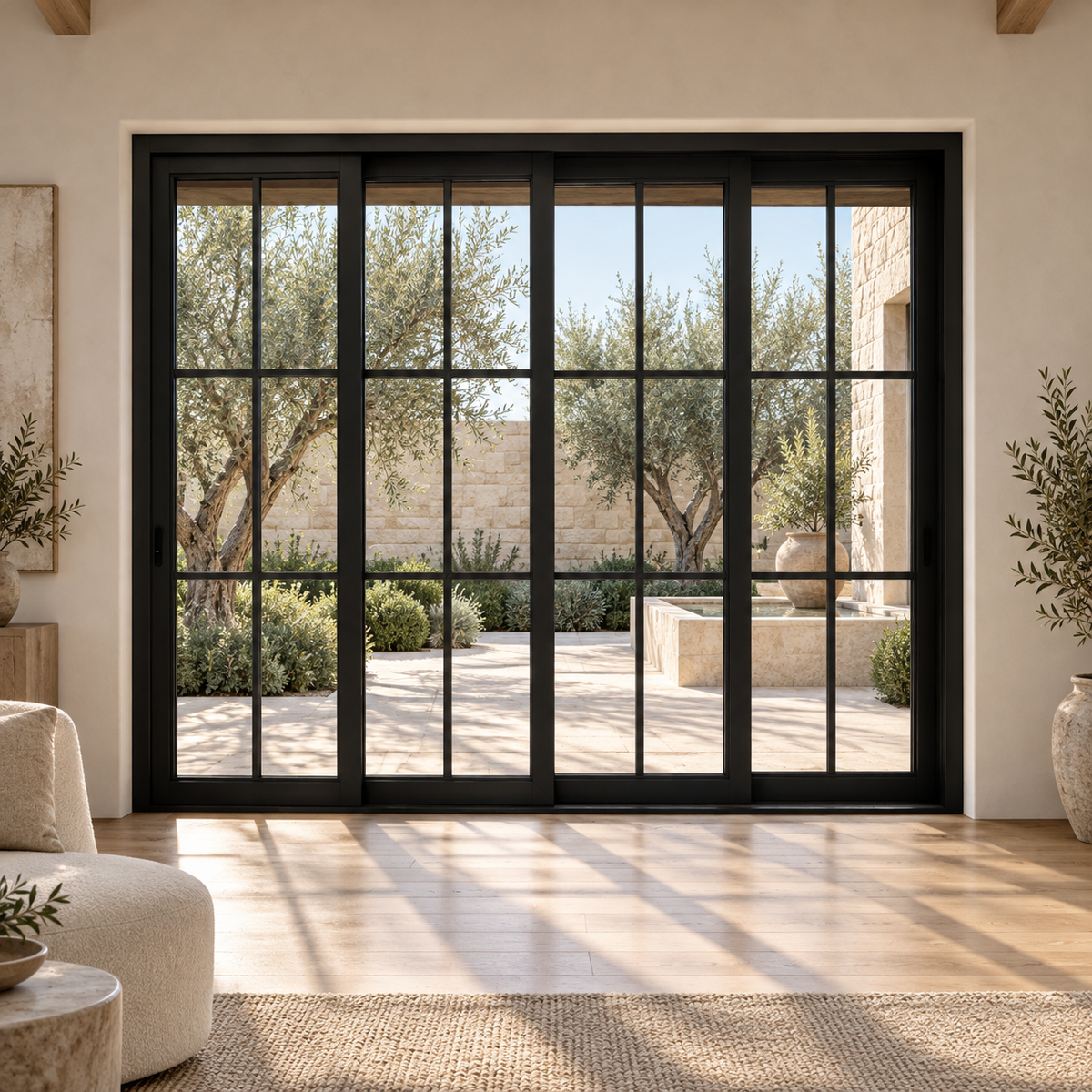 6-lite 4-panel black steel sliding door in an ivory sitting room overlooking an olive courtyard — lifestyle visualization