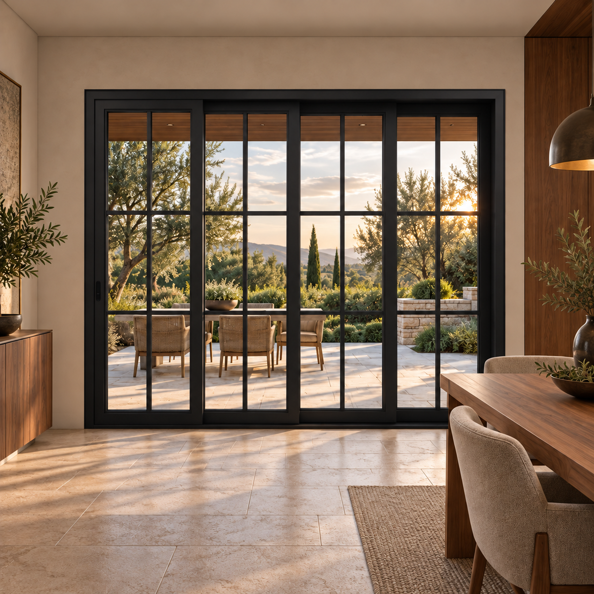 6-lite 4-panel black steel sliding door in a walnut dining room overlooking a terrace — lifestyle visualization