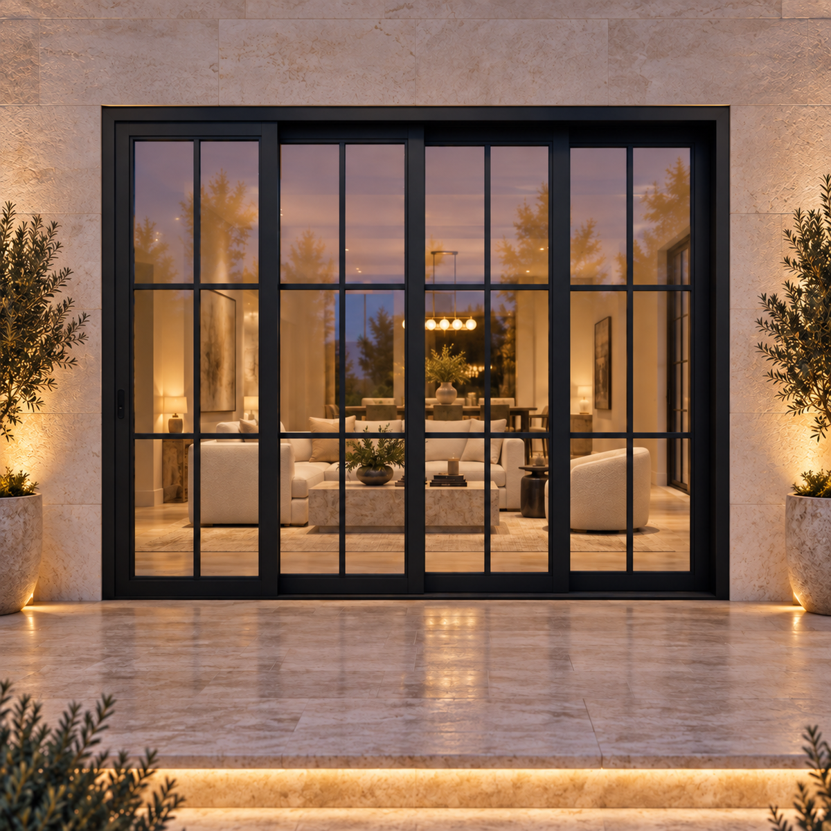 6-lite 4-panel black steel sliding door on a limestone terrace at blue hour — lifestyle visualization