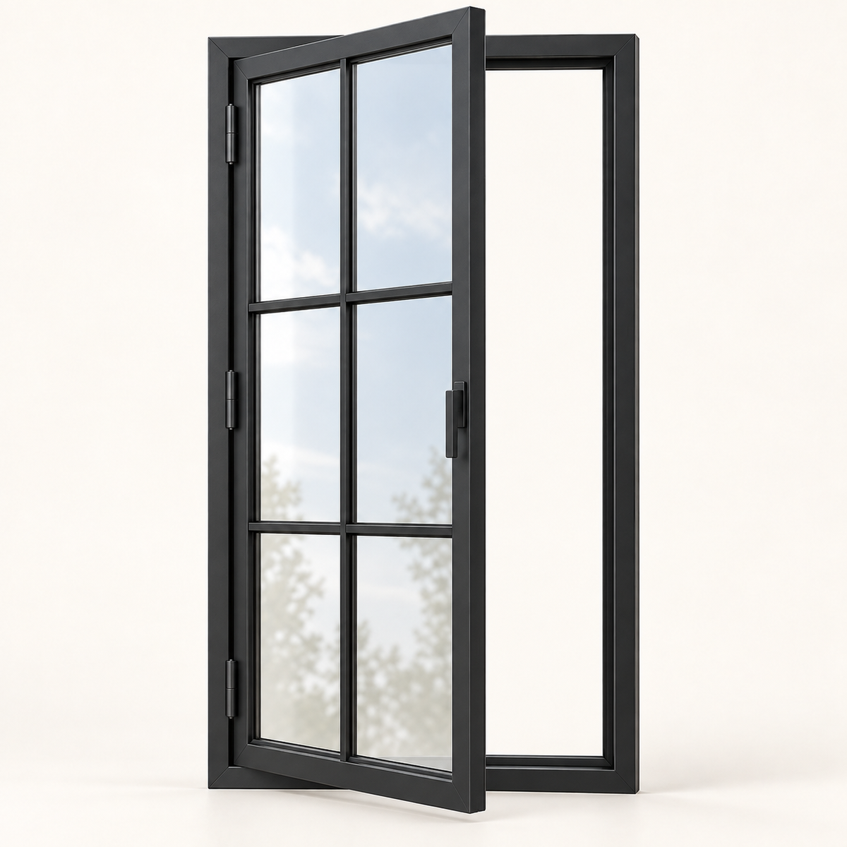 6-lite black steel single casement window shown open with a two-by-three pane pattern — product visualization