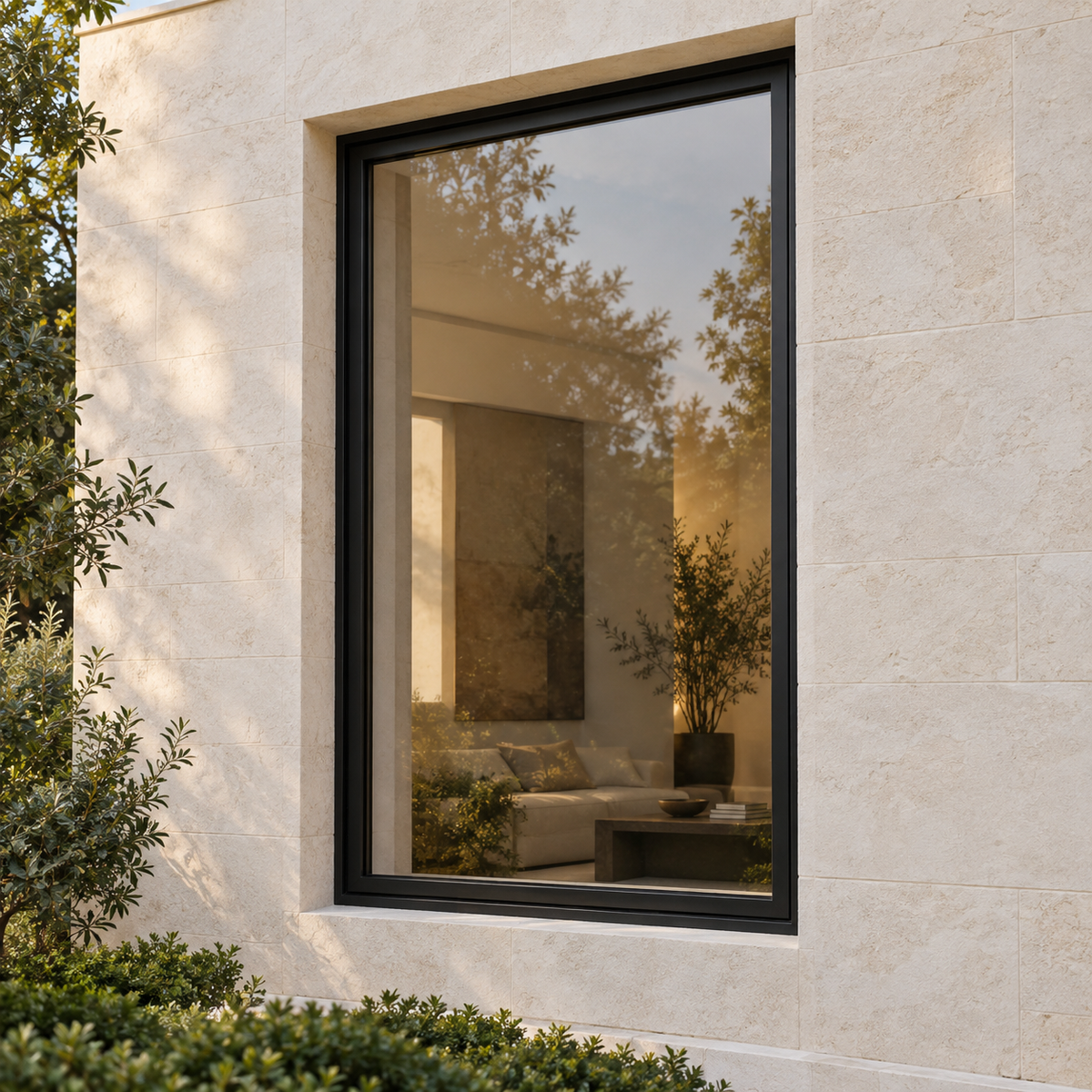 1 Lite fixed black steel window installed in a contemporary ivory limestone exterior.