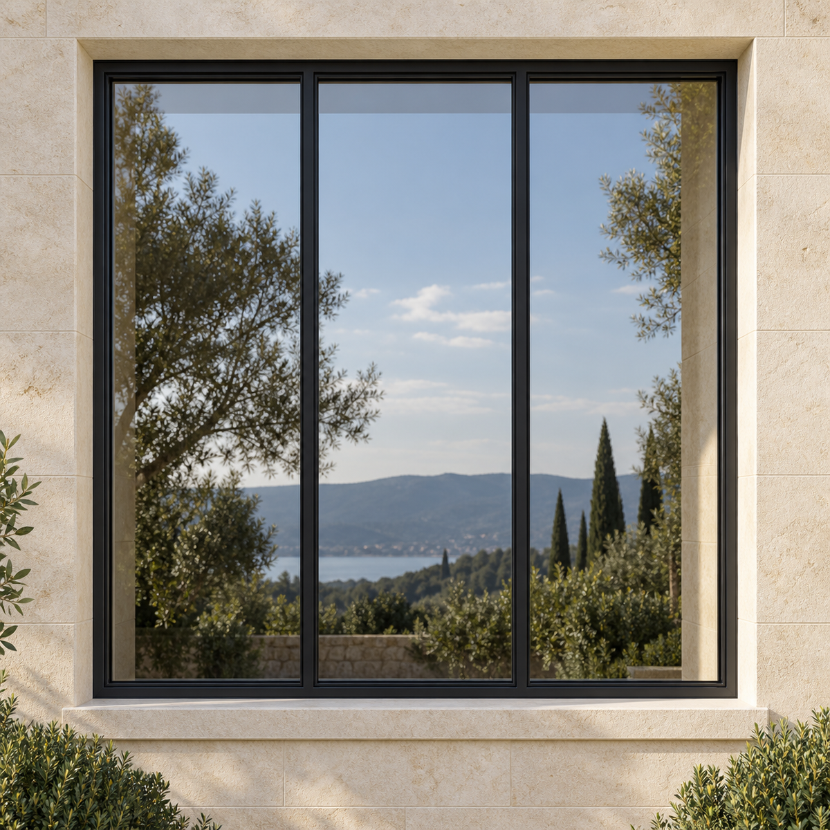 3 Lite fixed black steel window installed in a contemporary ivory limestone exterior.