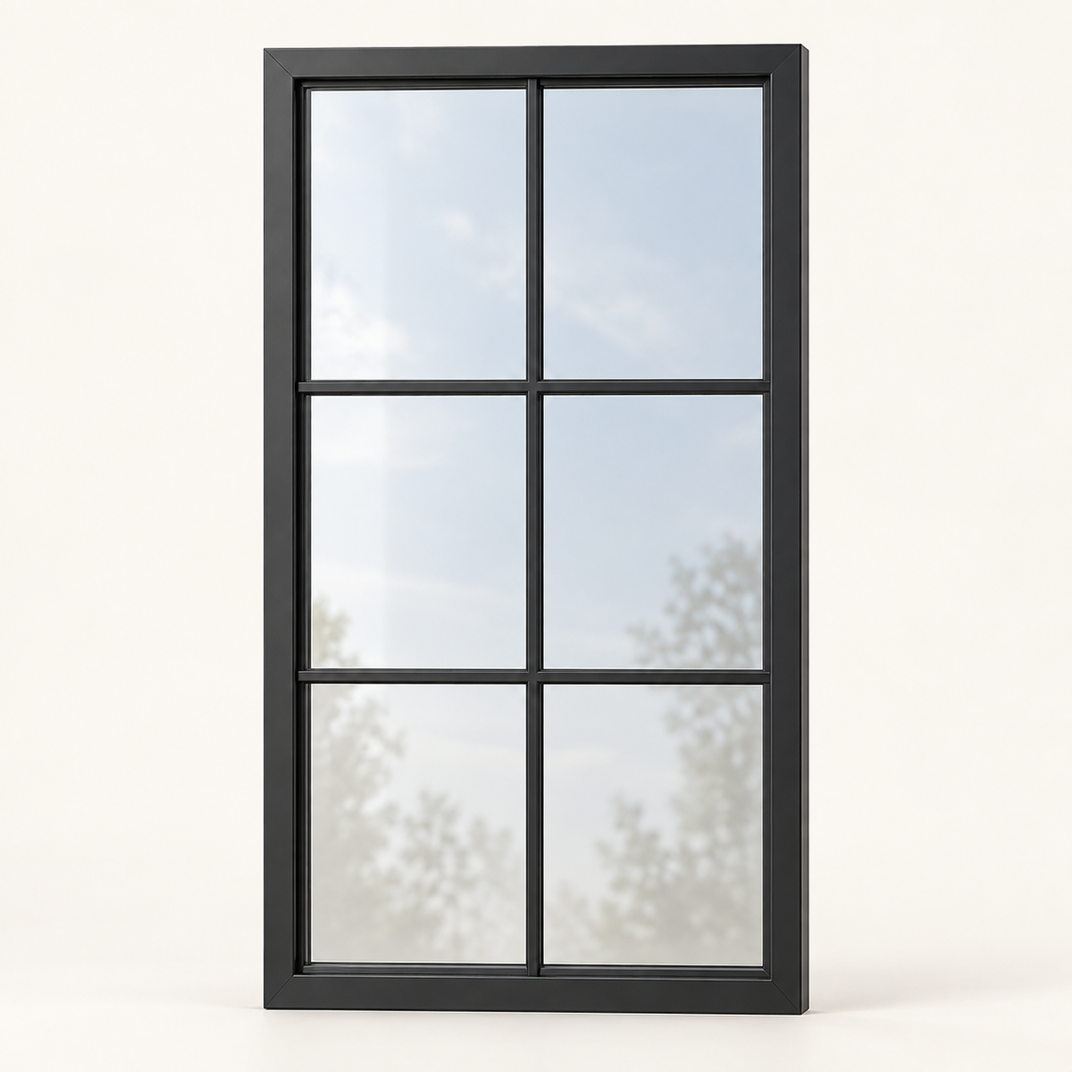 6-lite fixed steel window with a matte black frame and two-by-three glass pane pattern — product visualization