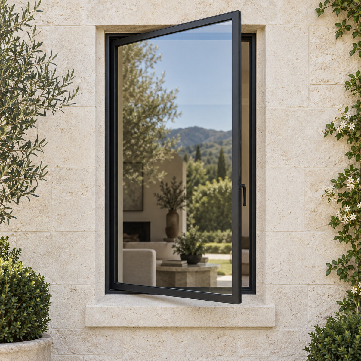 1 Lite black steel single casement window open in an ivory limestone exterior.