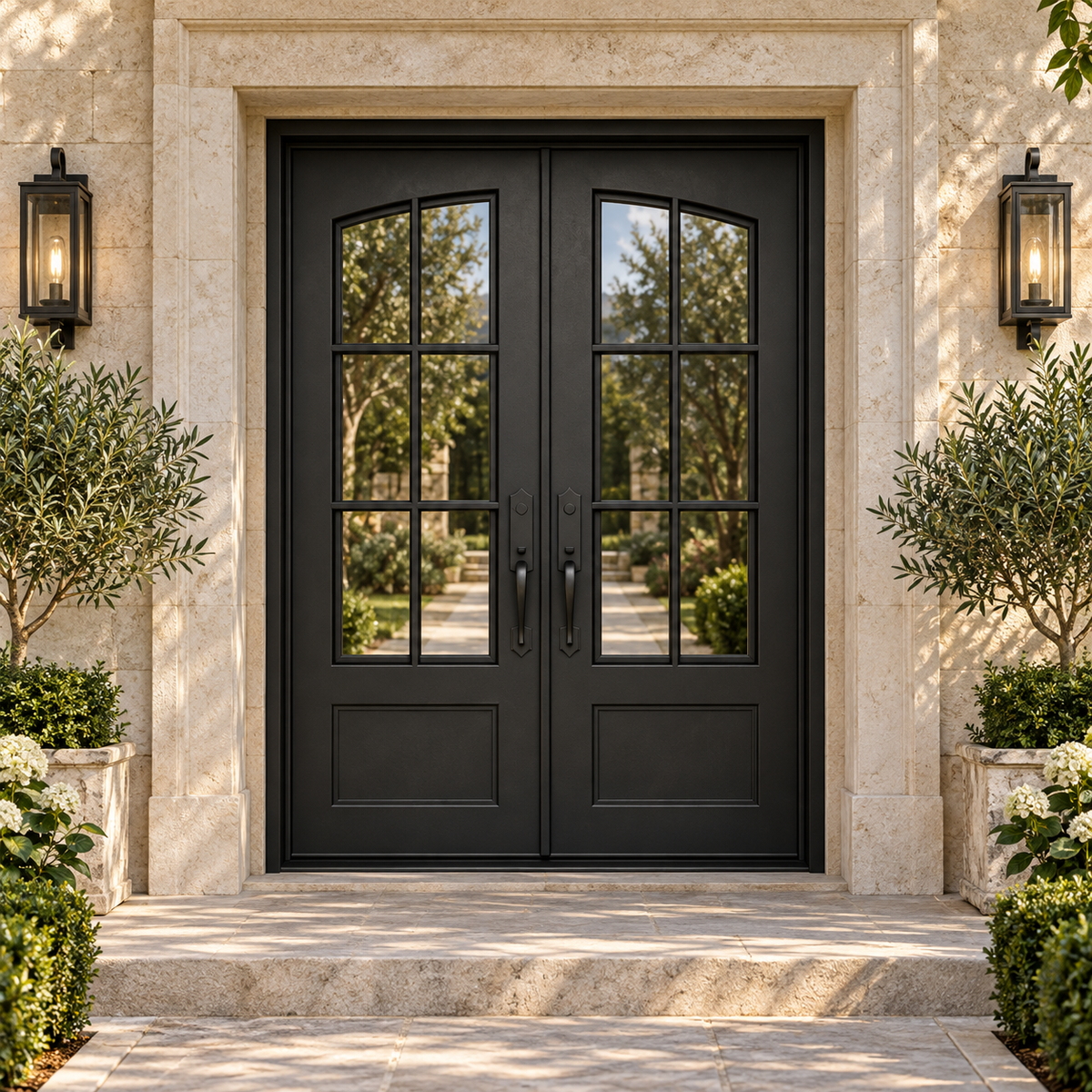 Aspen Double thermally broken black steel door in a luxury limestone exterior — lifestyle visualization