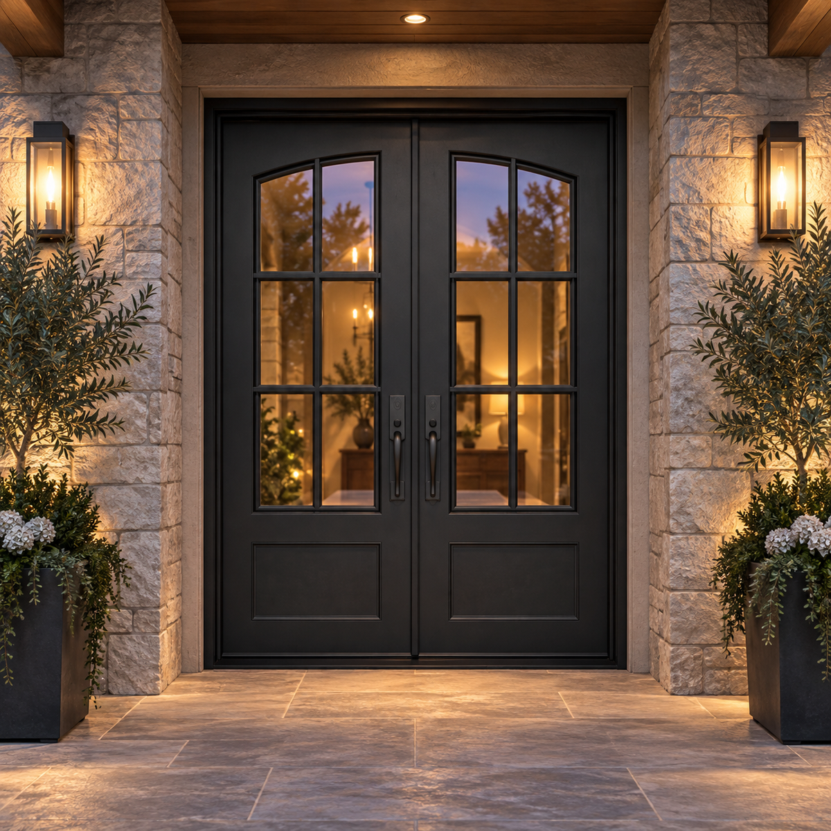 Aspen Double thermally broken black steel door in a luxury evening entryway — lifestyle visualization