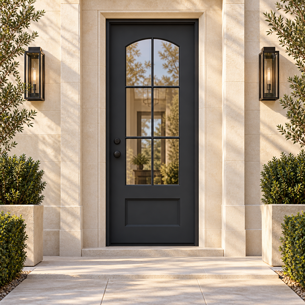 Aspen Single thermally broken black steel door in a luxury limestone exterior — lifestyle visualization