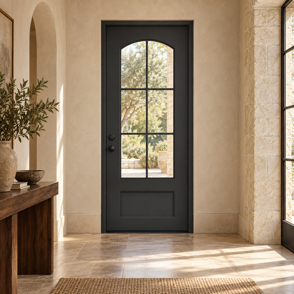 Aspen Single thermally broken black steel door in a luxury interior foyer — lifestyle visualization