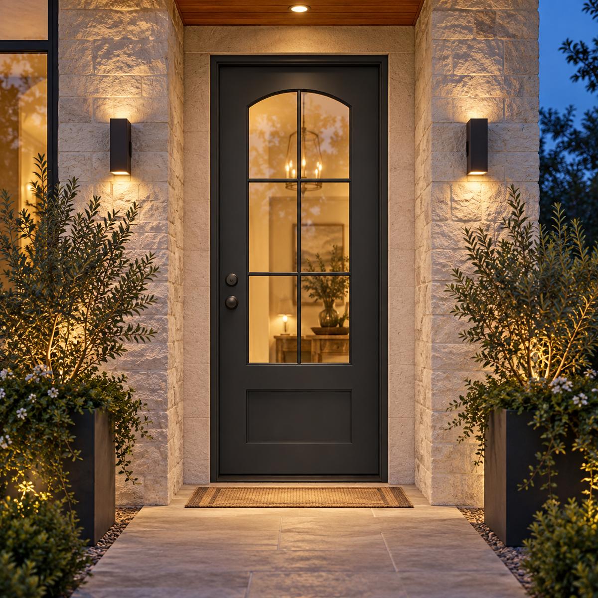 Aspen Single thermally broken black steel door in a luxury evening entryway — lifestyle visualization