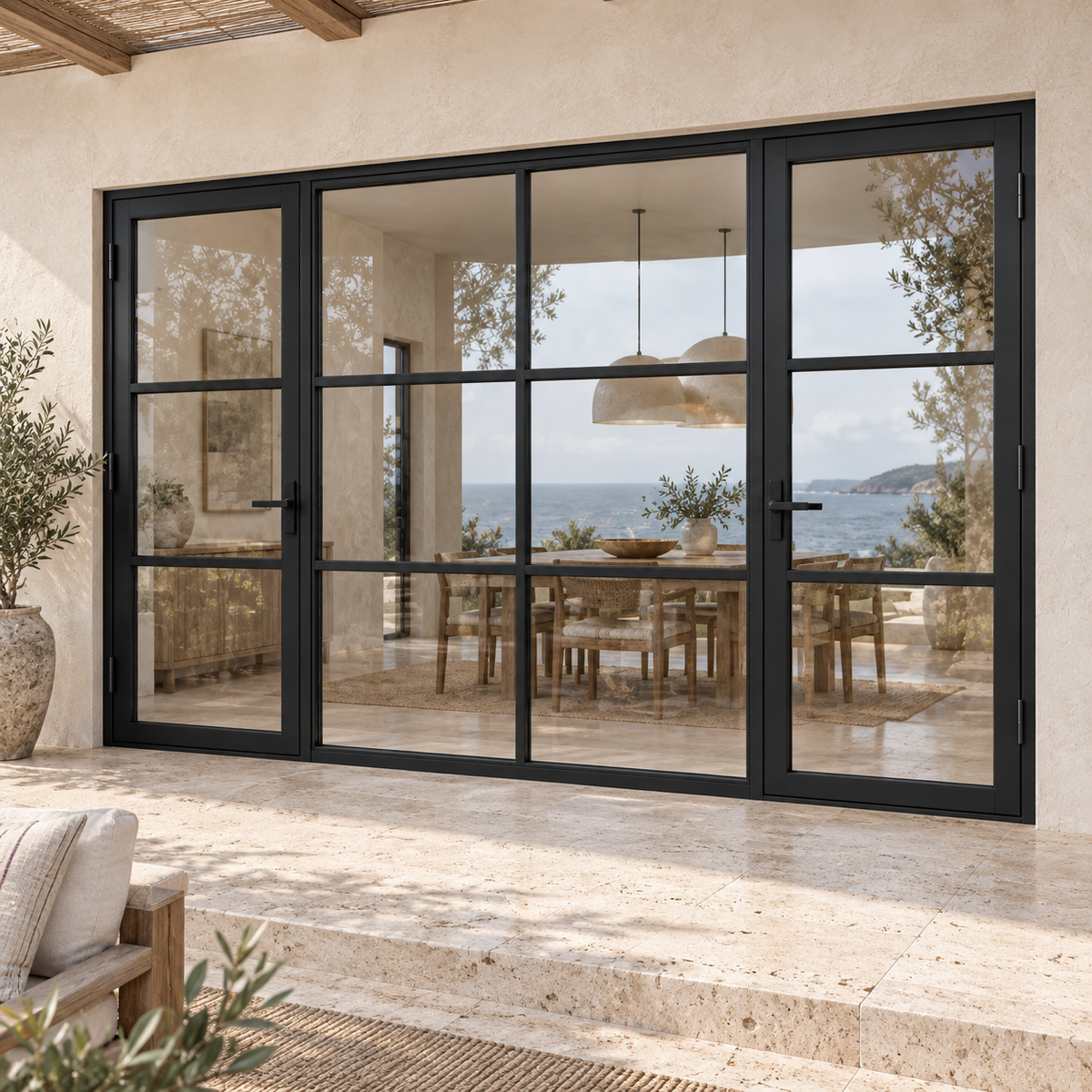Three-lite dual single steel doors with six-lite fixed center panel — coastal AI design visualization; hardware illustrative