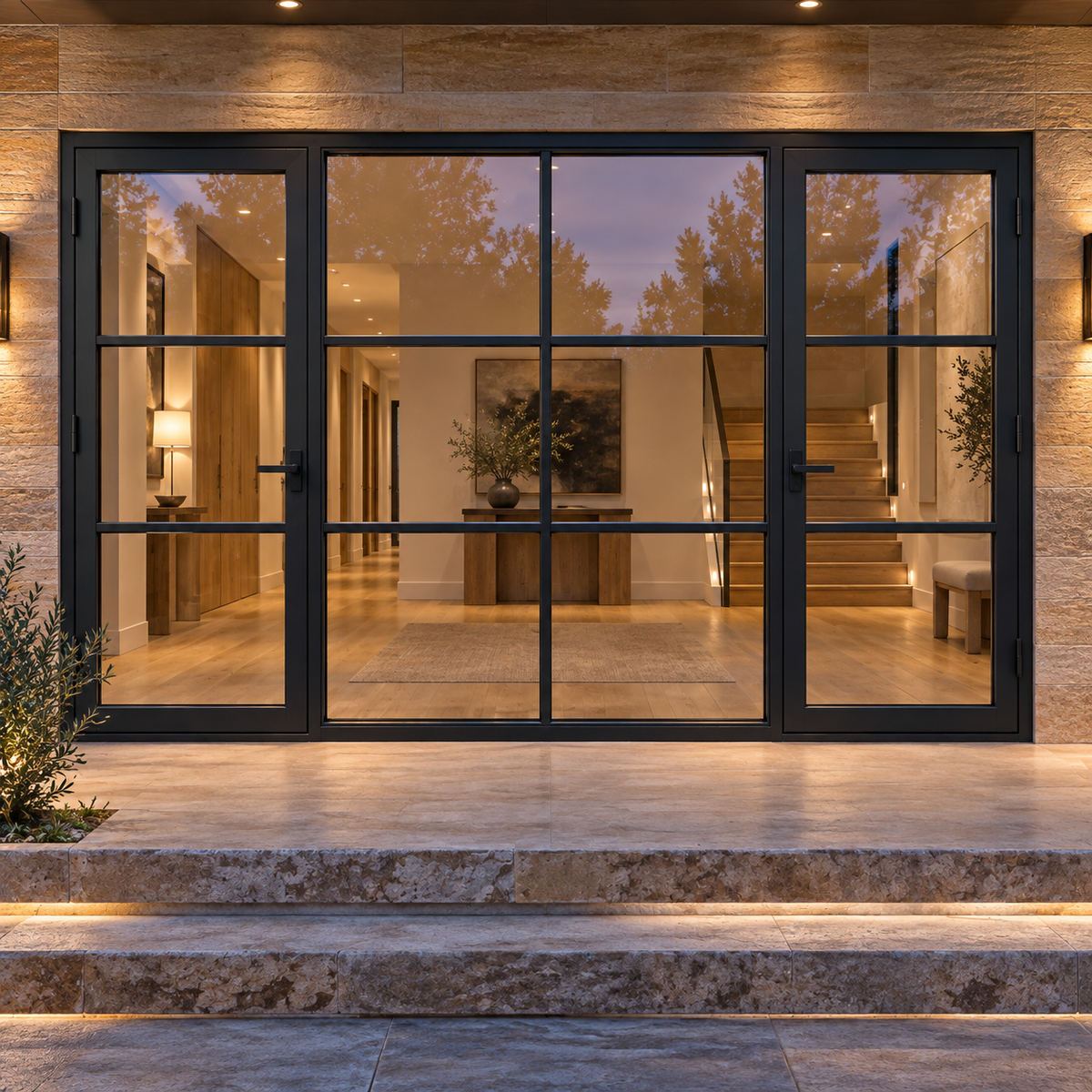 Three-lite dual single steel doors with six-lite fixed center panel — evening AI design visualization; hardware illustrative