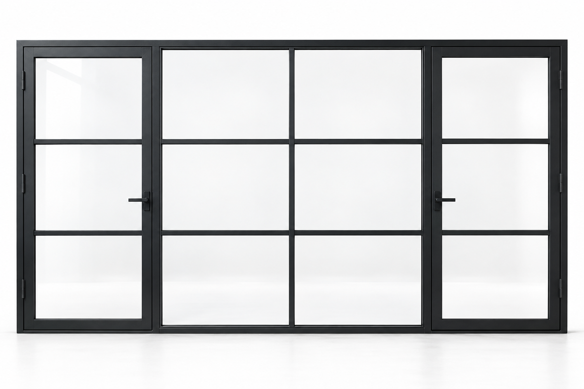 Three-lite dual single steel doors with six-lite fixed center panel — studio AI design visualization; hardware illustrative