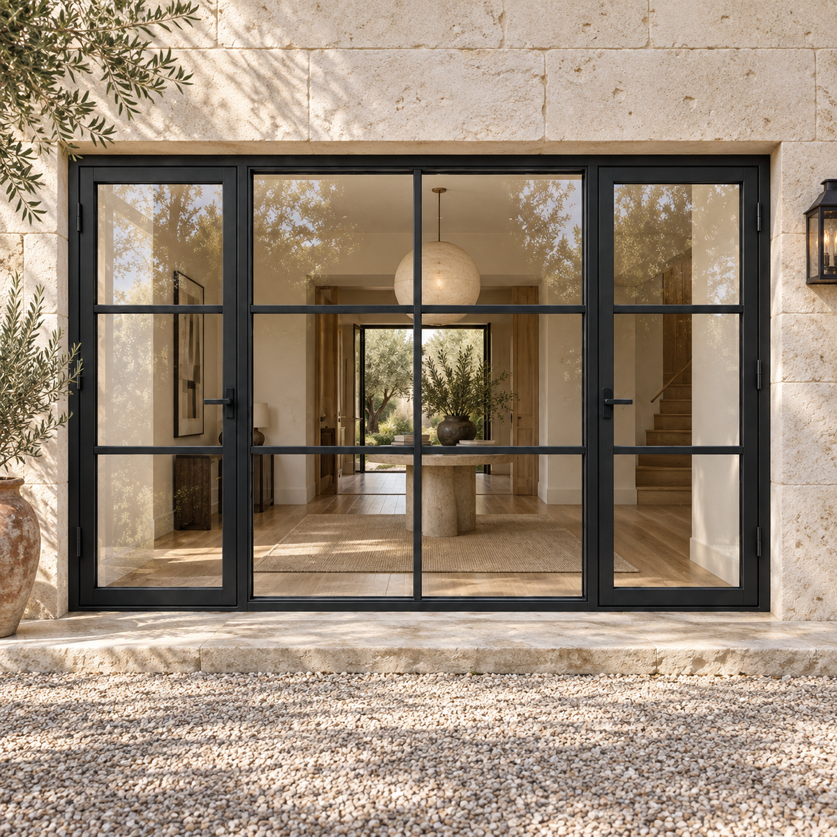 Three-lite dual single steel doors with six-lite fixed center panel — villa AI design visualization; hardware illustrative