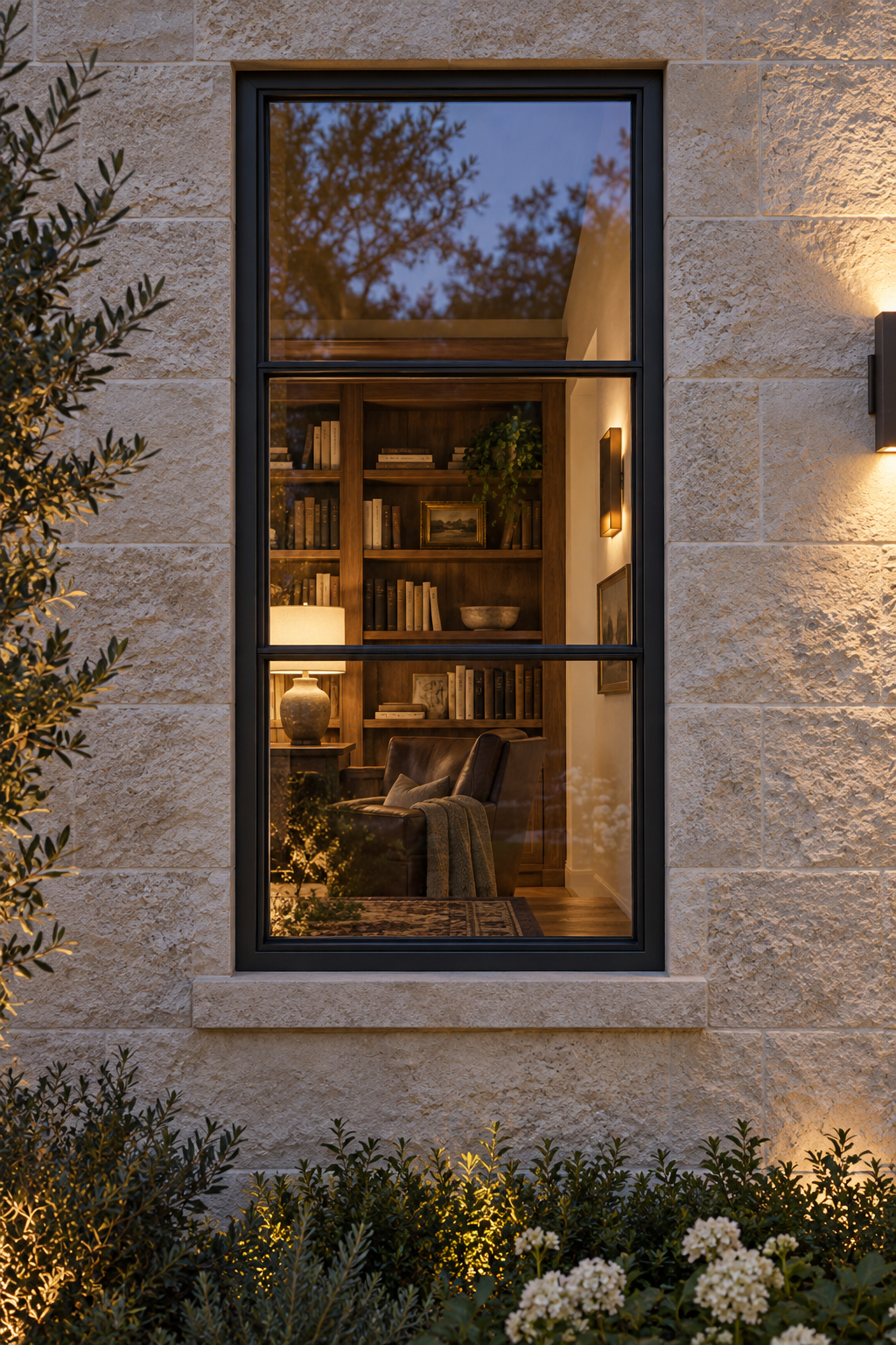 Three stacked lite fixed steel window with two horizontal bars — evening AI design visualization
