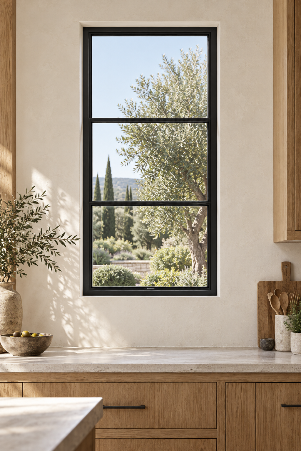 Three stacked lite fixed steel window with two horizontal bars — kitchen AI design visualization