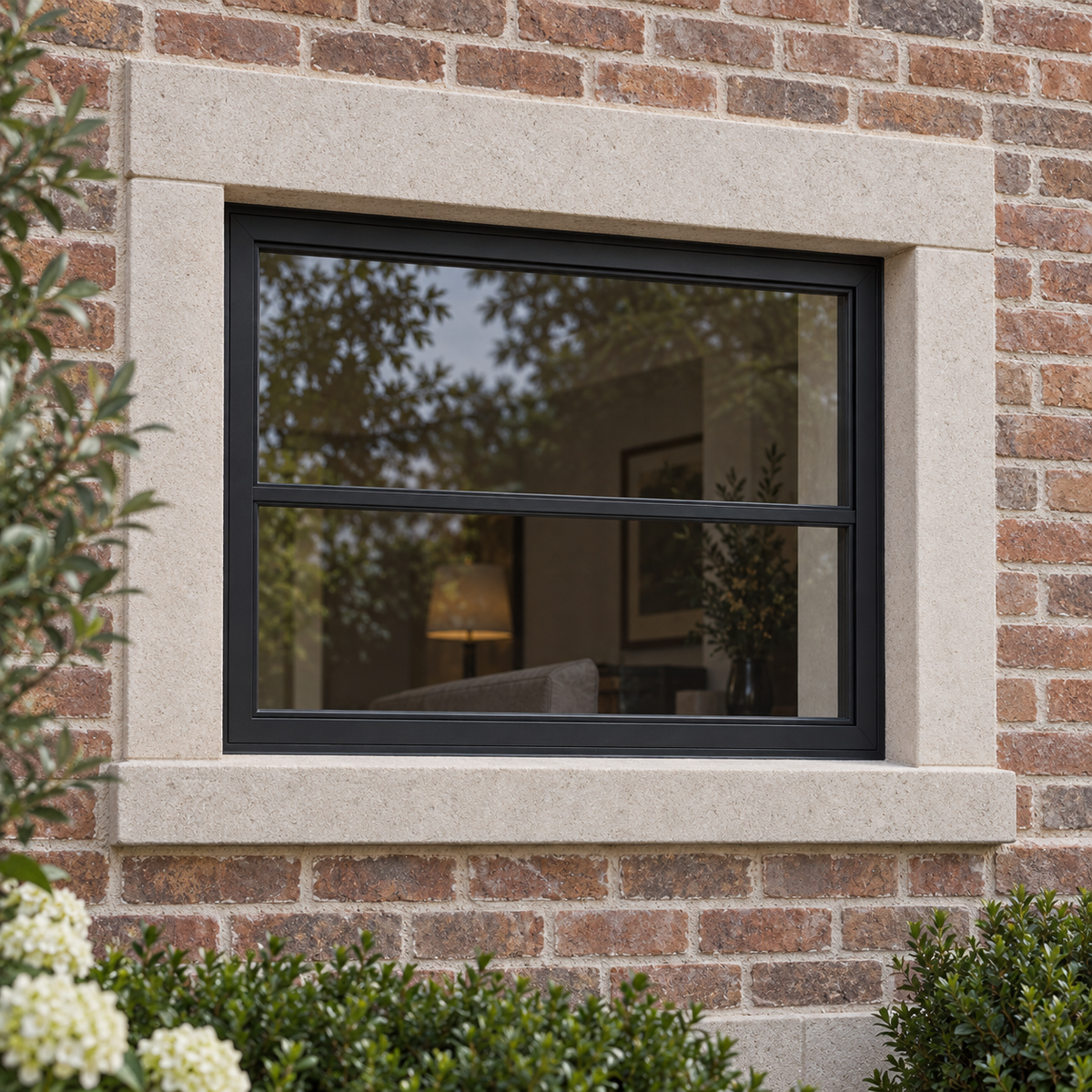 Two-lite fixed steel window, exterior — architectural visualization