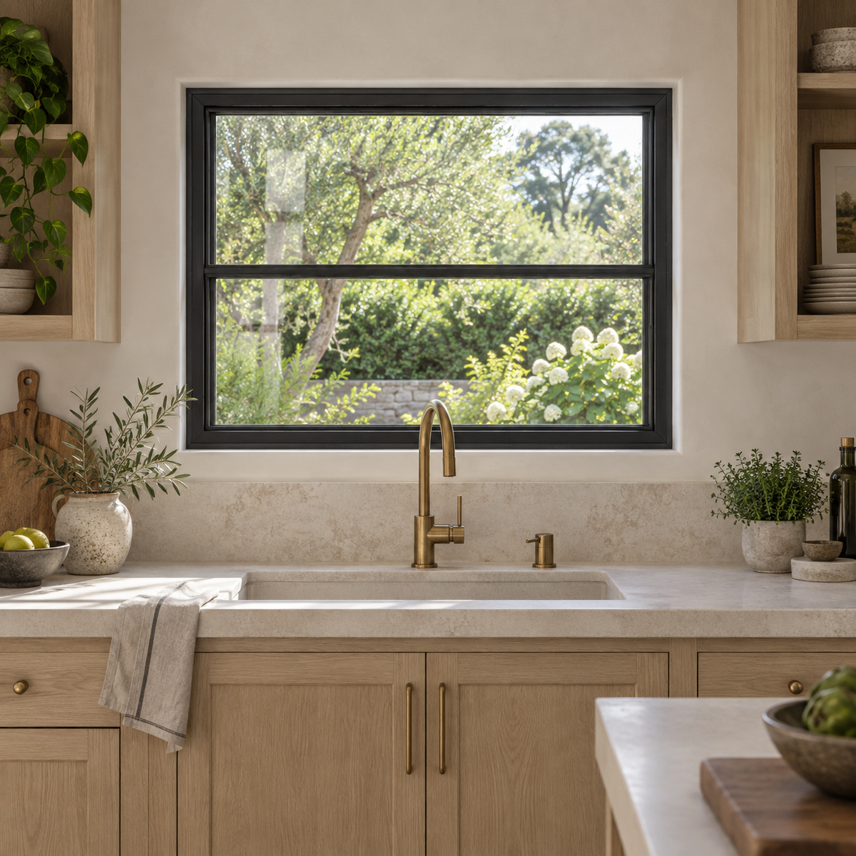 Two-lite fixed steel window, kitchen — architectural visualization