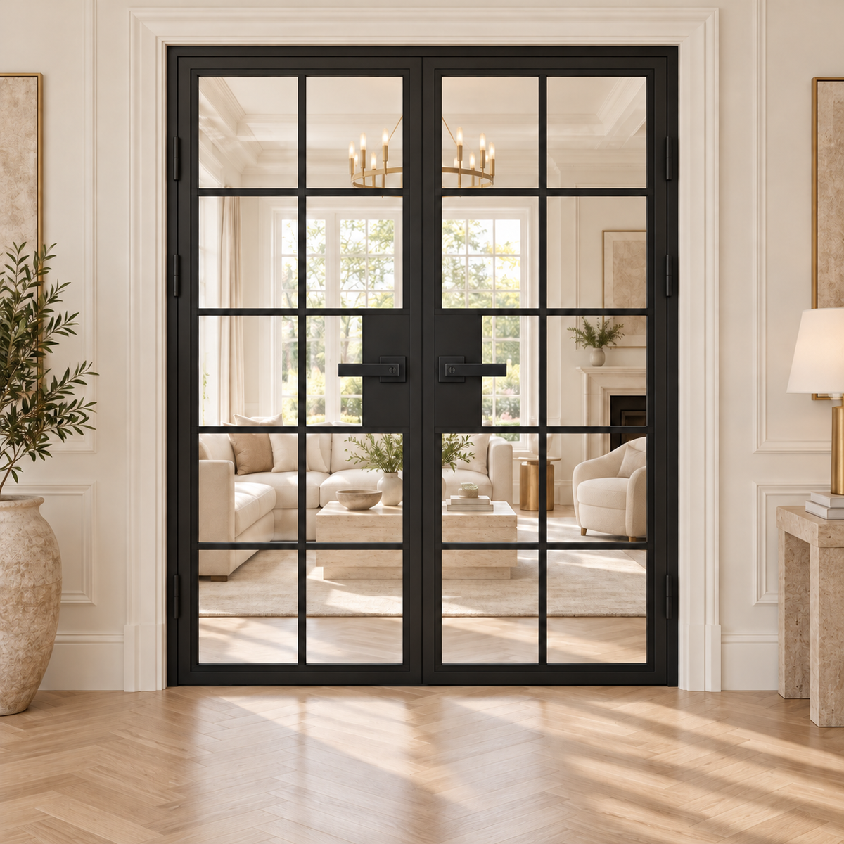 10 Lite double hinged interior steel doors with included rectangular lever hardware — living