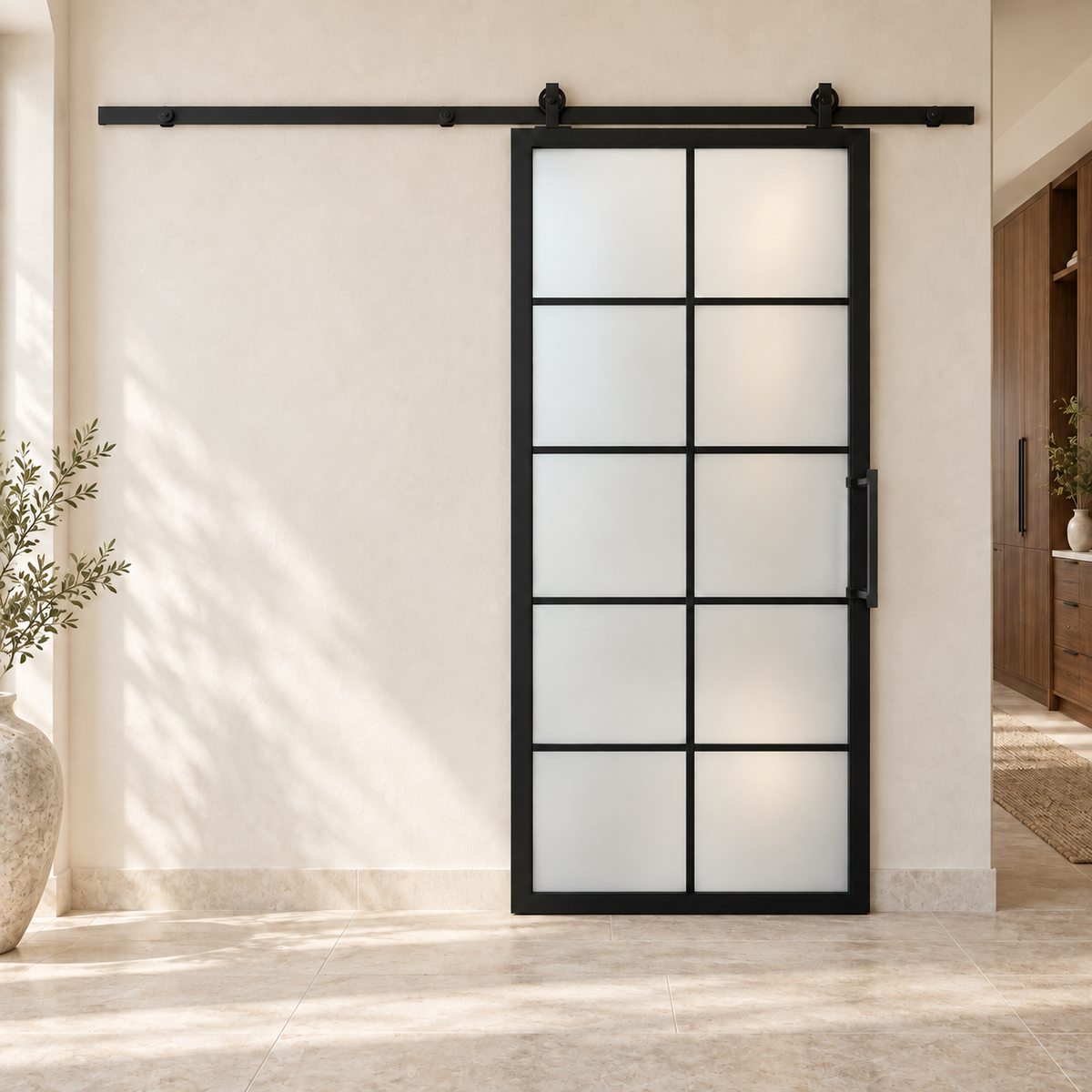 10 Lite frosted-glass interior barn door with included matte-black pull — dressing