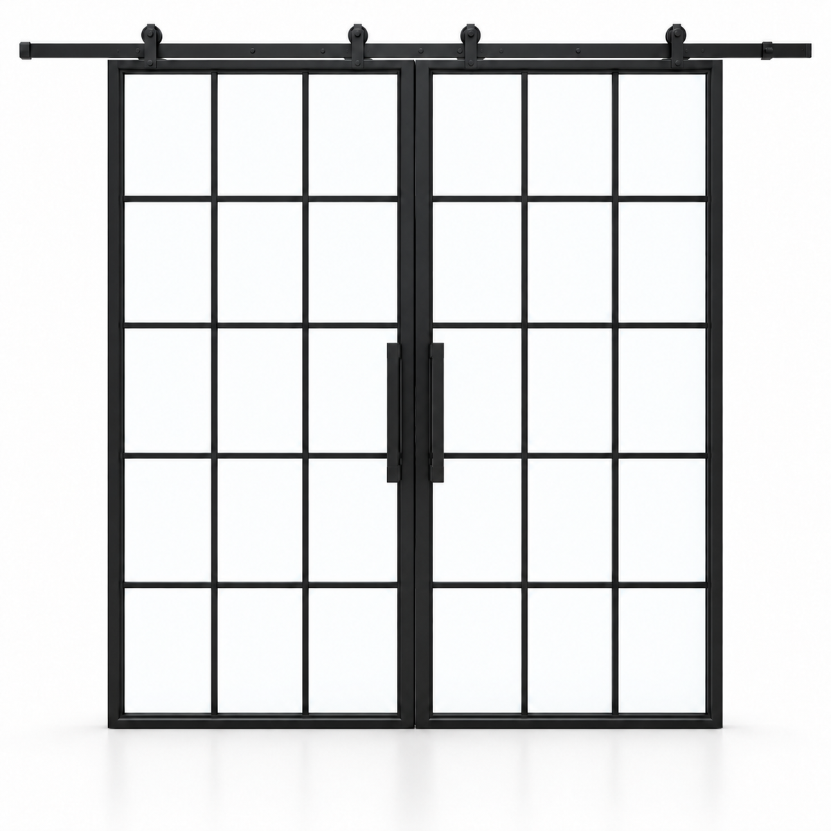 15 Lite double interior steel barn doors with included rectangular pulls — studio